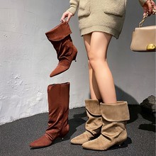 美拉德磨砂靴子女短靴2025秋冬新款细跟小猫跟堆堆靴褶皱西部靴女
