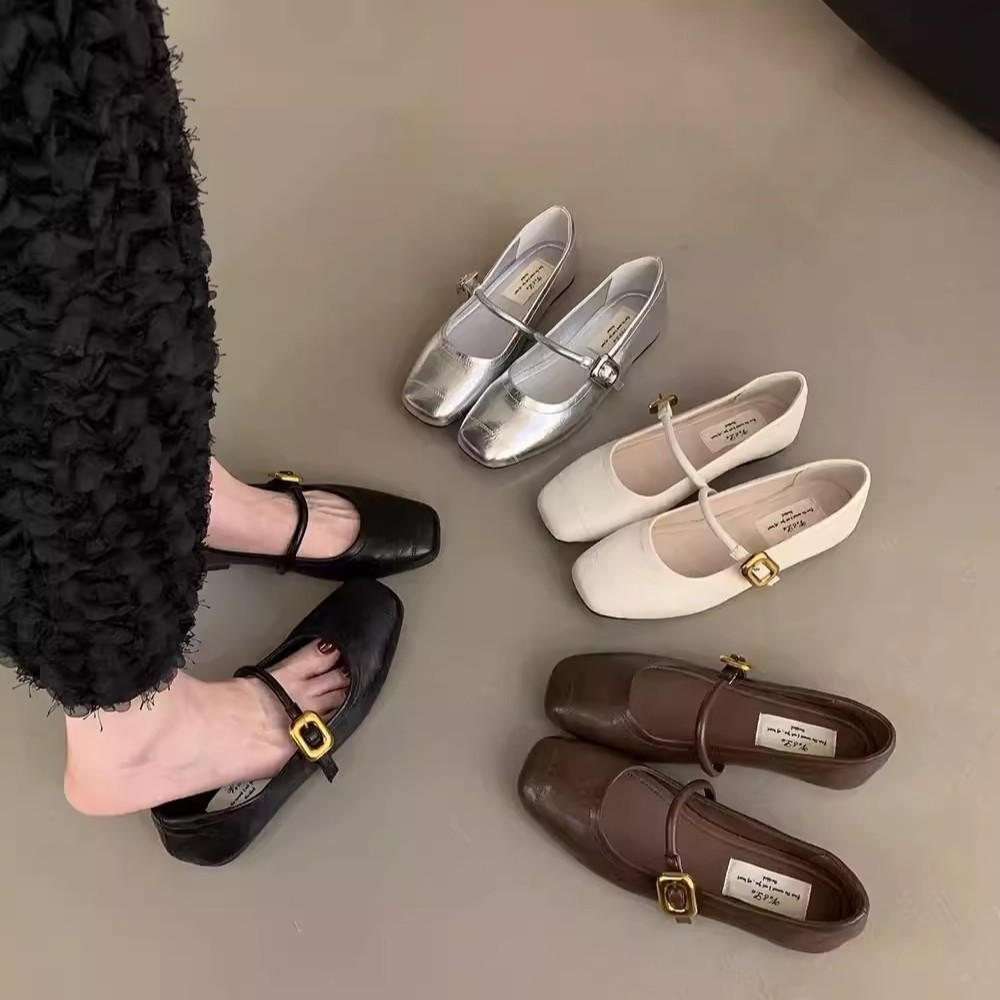 여성을위한 정품 가죽 실버 메리 제인 신발 2025 봄과 가을 새로운 다목적 부드러운 단독 플랫 스퀘어 토우 펌프 싱글 신발