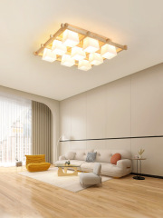 實木新中式客廳燈具主臥室led吸頂燈大氣復古禪意胡桃木色玻璃燈