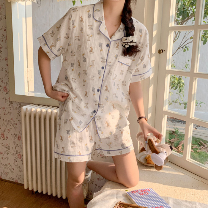 睡衣女夏季梭织泡泡棉皱布ins公主风可爱短袖夏天薄款家居服套装|undefined