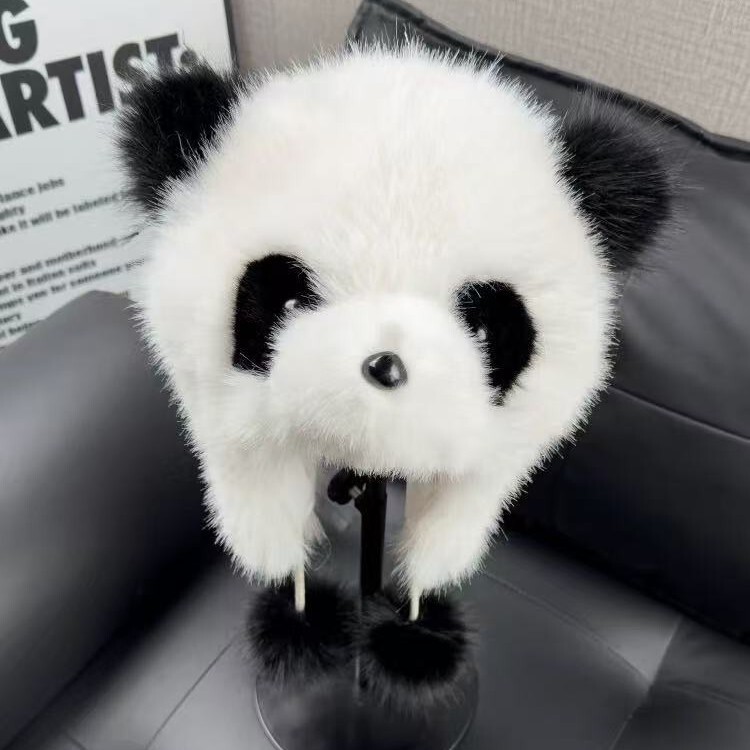 网红新款熊猫帽子时尚仿狐狸毛护耳帽成人冬季亲子批发潮流亲子款|undefined