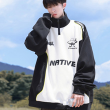 休闲2024年时尚潮流拼色半拉链卫衣机车服赛车服男女潮流夹克款