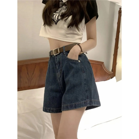 Blue High Waist Wide Leg Denim Shorts Women's Loose Slimming 2025 New All-match Summer Hot Girl A- line Hot Pants