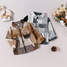 秋季时尚儿童格子衬衫外套男童休闲翻领长袖单排扣开衫夹克外套