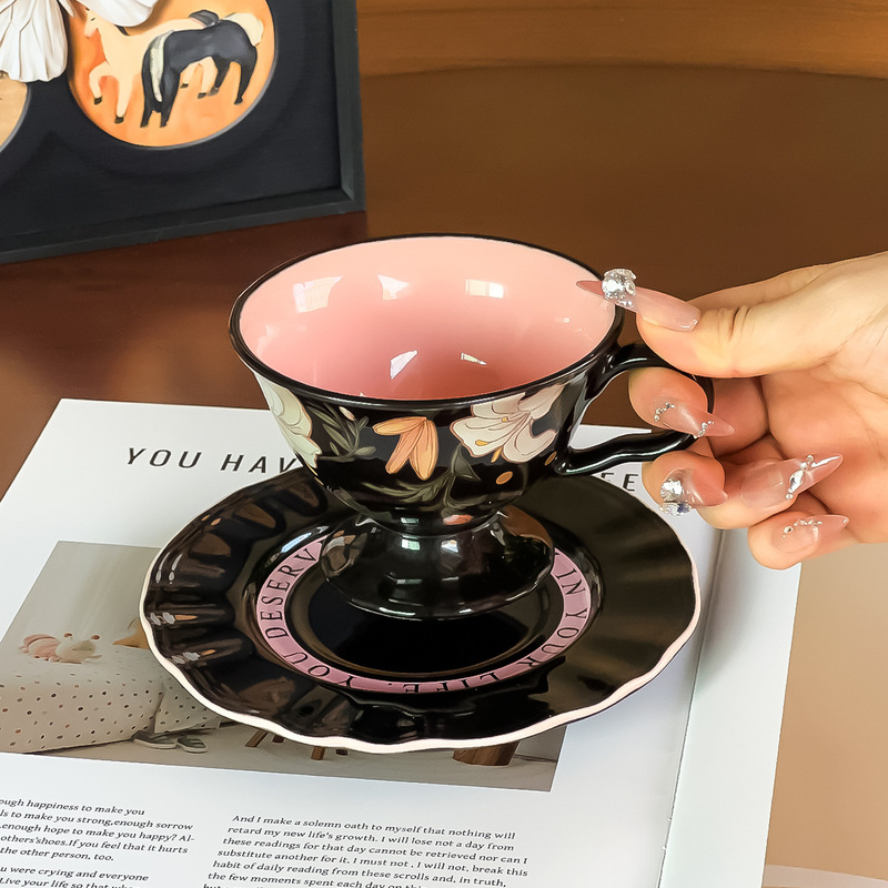 レトロ高脚カップ皿百合朝食カップ皿高颜値花卉フレンチ昼寝茶ラテコーヒーカップ皿|undefined