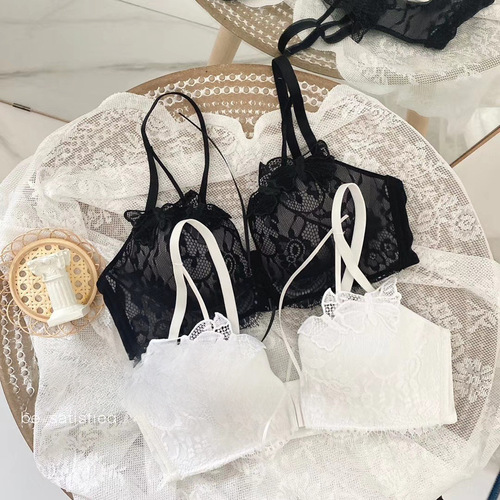 French-style front-closure bra set for women, small cup, shaping, no underwire, sexy lace edge, adjustable bra set