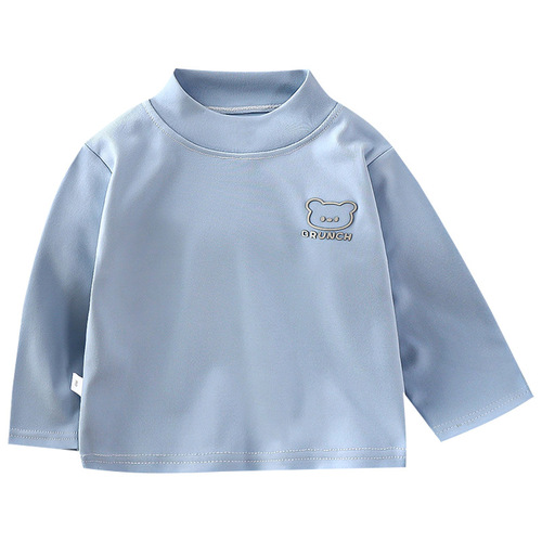 Children's spring, autumn, winter, velvet bottomed shirt, semi-high-collar, Korean style, small and medium-sized children's top, baby's long-sleeved warm T-shirt