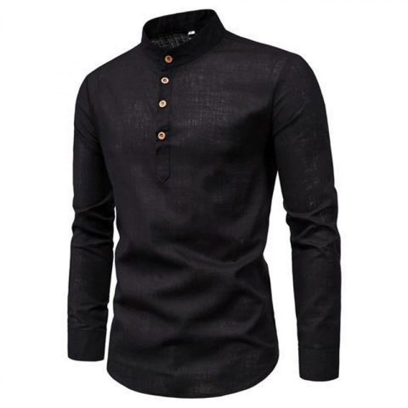Весенняя мужская рубашка с длинным рукавом, slim fit, китайский стиль, хлопок и лён, узкий крой,