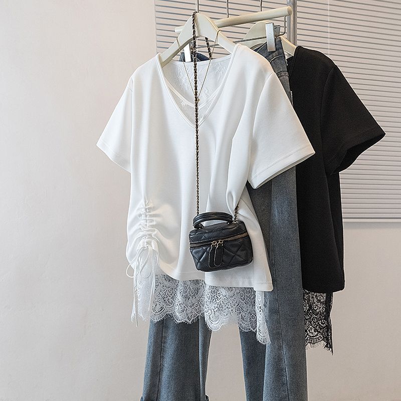 Plus-Size Korean-Style Lace Drawstring Short-Sleeve T-Shirt for Women, New Spring/Summer Loose Fit, Slimming, Covers the Body, Fashionable Outerwear Top