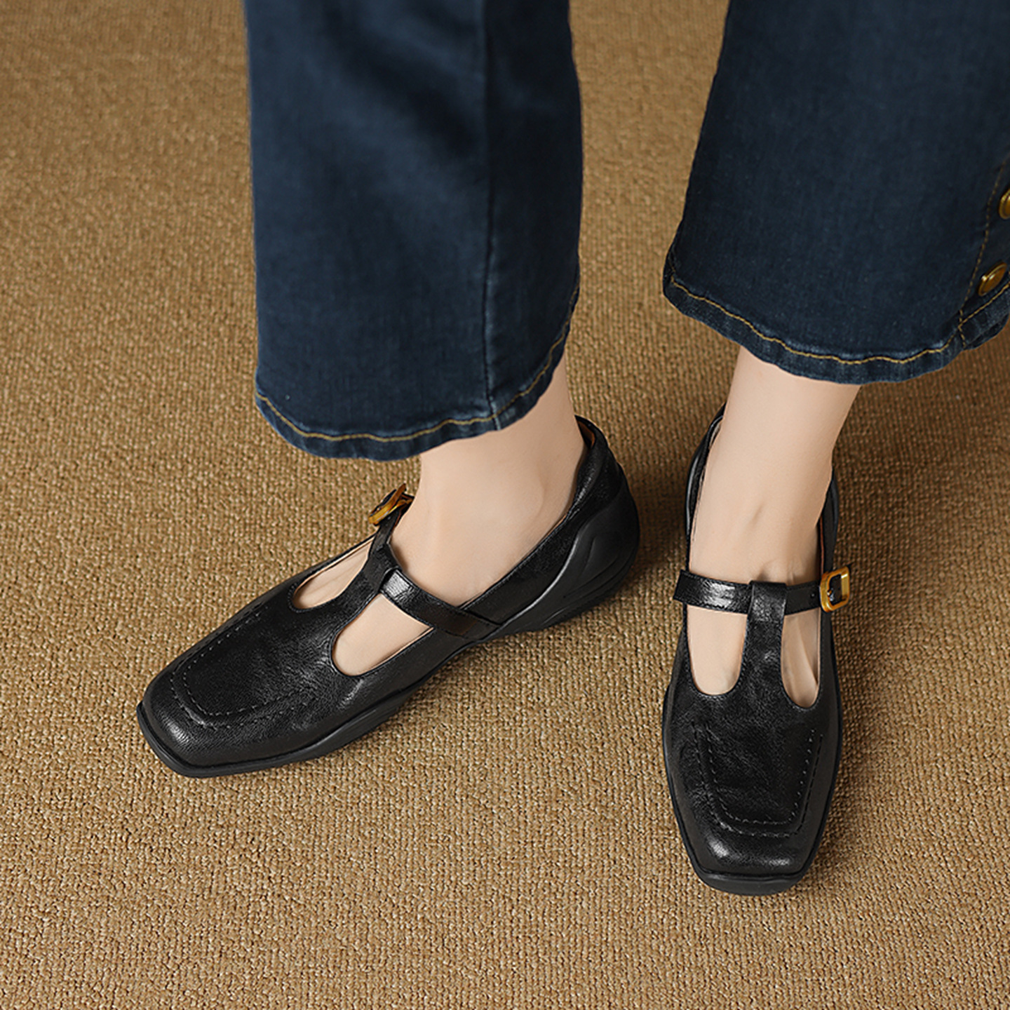Giày sandal nữ quai ngang mũi nhọn đế dày da cừu buộc dây — màu nâu