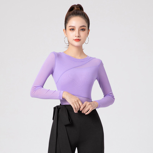 High-end body training clothing mesh national standard modern Latin dance tops women's long-sleeved dance practice clothing dancing one-piece