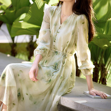 真丝裙子夏天女青秋感 千金大小姐风长裙 V领碎花连衣裙女装夏季