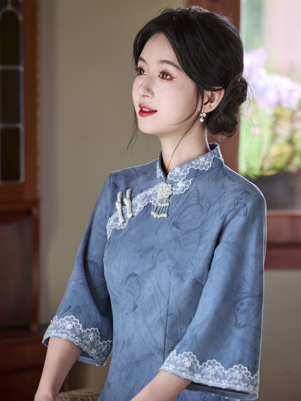 蓝色旗袍2025新款秋季麂皮绒复古倒大袖改良年轻款女新中式连衣裙|undefined