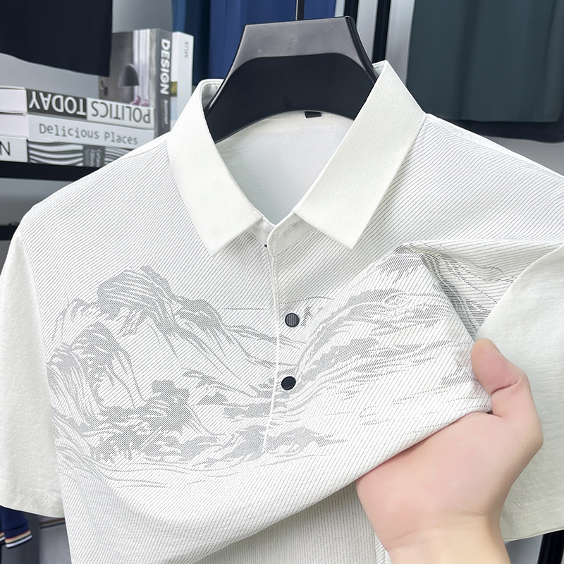 夏の新アイスシルクポロシャツ半袖メンズ tシャツ国民風トレンドファッションラペル薄型ルーズメンズ tシャツ|undefined