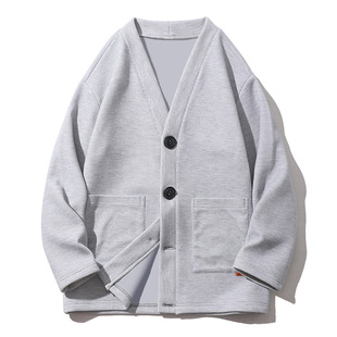 Japanese Style Solid Color Hong Kong Style Waffle Men's Sweatshirt Single-breasted Cloak Three-dimensional Patch Bag Thin Jacket Men's Cross-border
