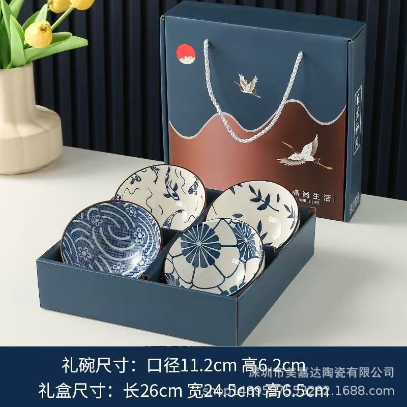 Regalo bohemio tazón de cerámica y palillos traje al por mayor tazón y plato traje hogar tazón de arroz vajilla conjunto tazón caja de regalo traje