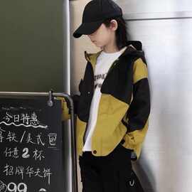 春秋精选季新款冲锋衣黑黄拼接连帽外套儿童开衫防风衣潮童装上衣