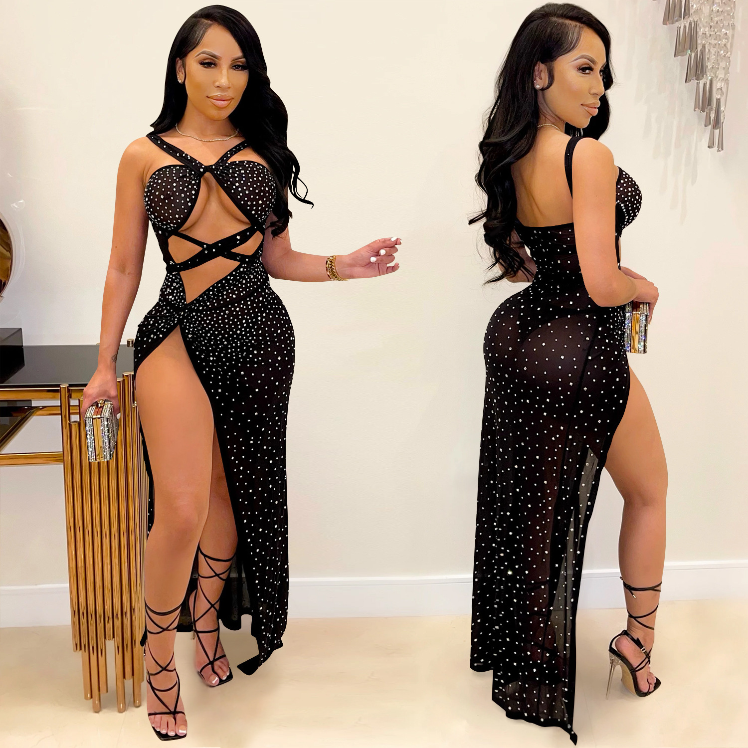 X5349 transfronteriza nueva moda europea y americana discoteca malla rhinestone sexy Sling hueco vestido split vestido