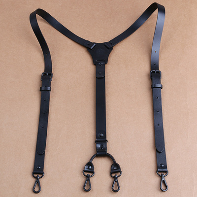 成人背带夹男士头层牛皮全黑色水滴钩欧美可替换活口挂钩吊裤带代
