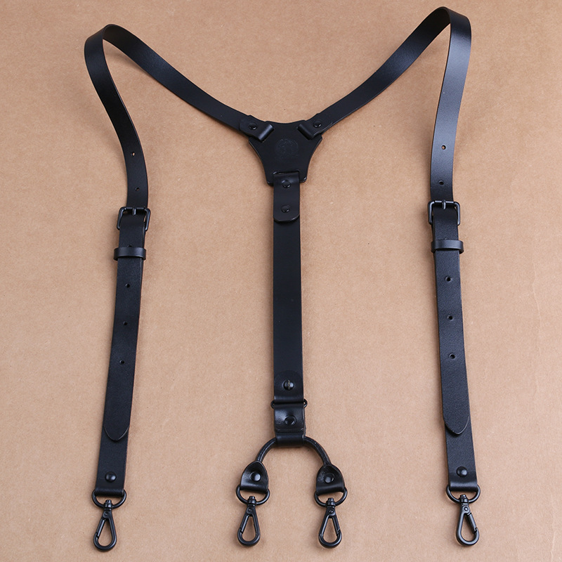 成人背带夹男士头层牛皮全黑色水滴钩欧美可替换活口挂钩吊裤带代