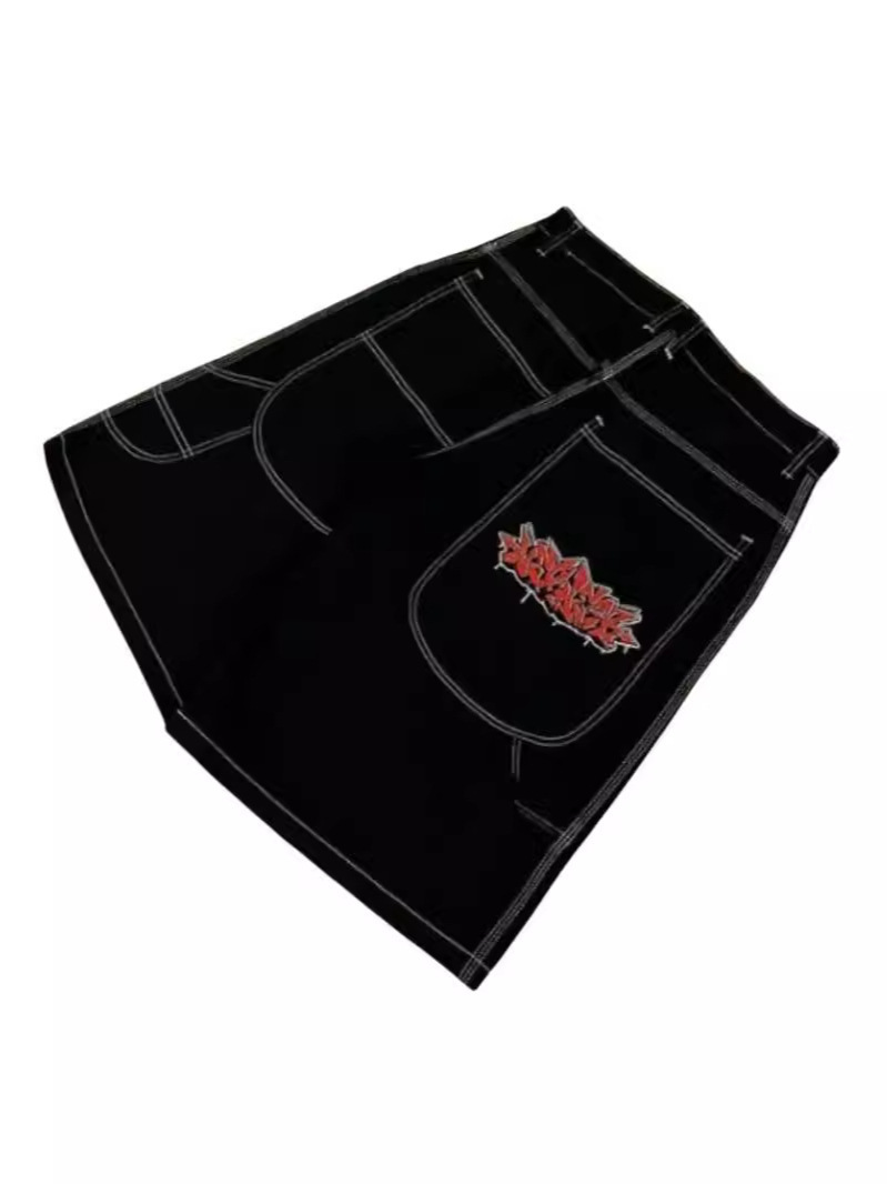 American-style JNCO retro letter embroidered denim shorts, men's casual and versatile five-point denim shorts.
