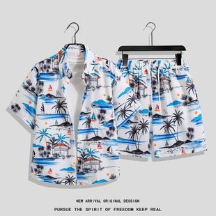 Hong Kong Style Retro Short-sleeved Floral Shirt Men's Hawaii Thailand Sanya Seaside Holiday Couples Shorts Beach Clothes suit