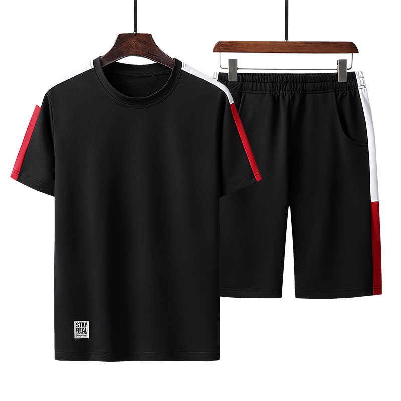 Traje de verano de dos piezas de los hombres ropa deportiva casual micro elástico ropa de correr de color cuello redondo manga corta Camiseta + Pantalones recortados color sólido