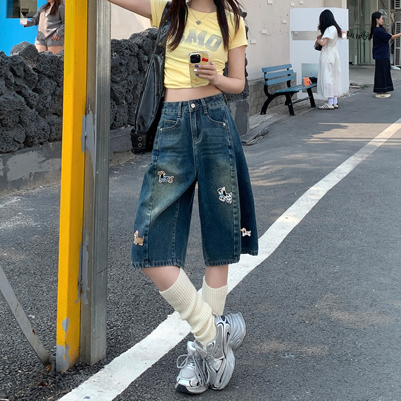 American-Style Embroidered Dog Denim Capri Pants for Women 2025 New Summer High-Waisted Wide-Leg Mid-Length Straight Shorts