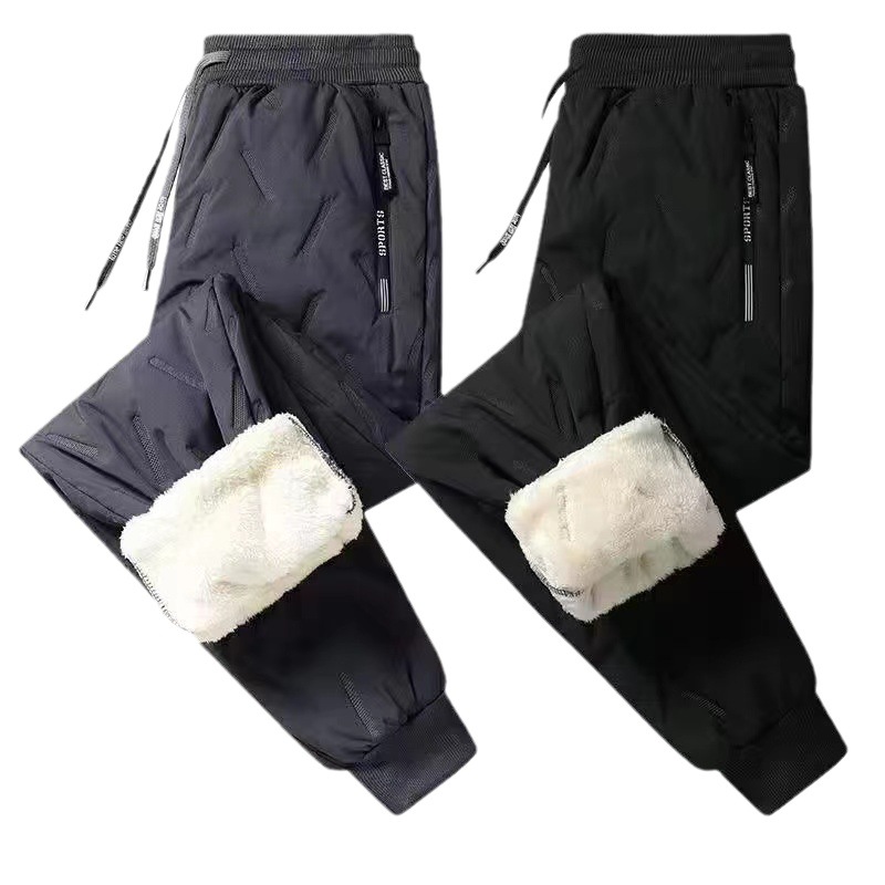 Men's winter fleece-lined, thickened lamb wool trousers, warm cotton trousers, loose fit, windproof, cold-proof, casual long trousers
