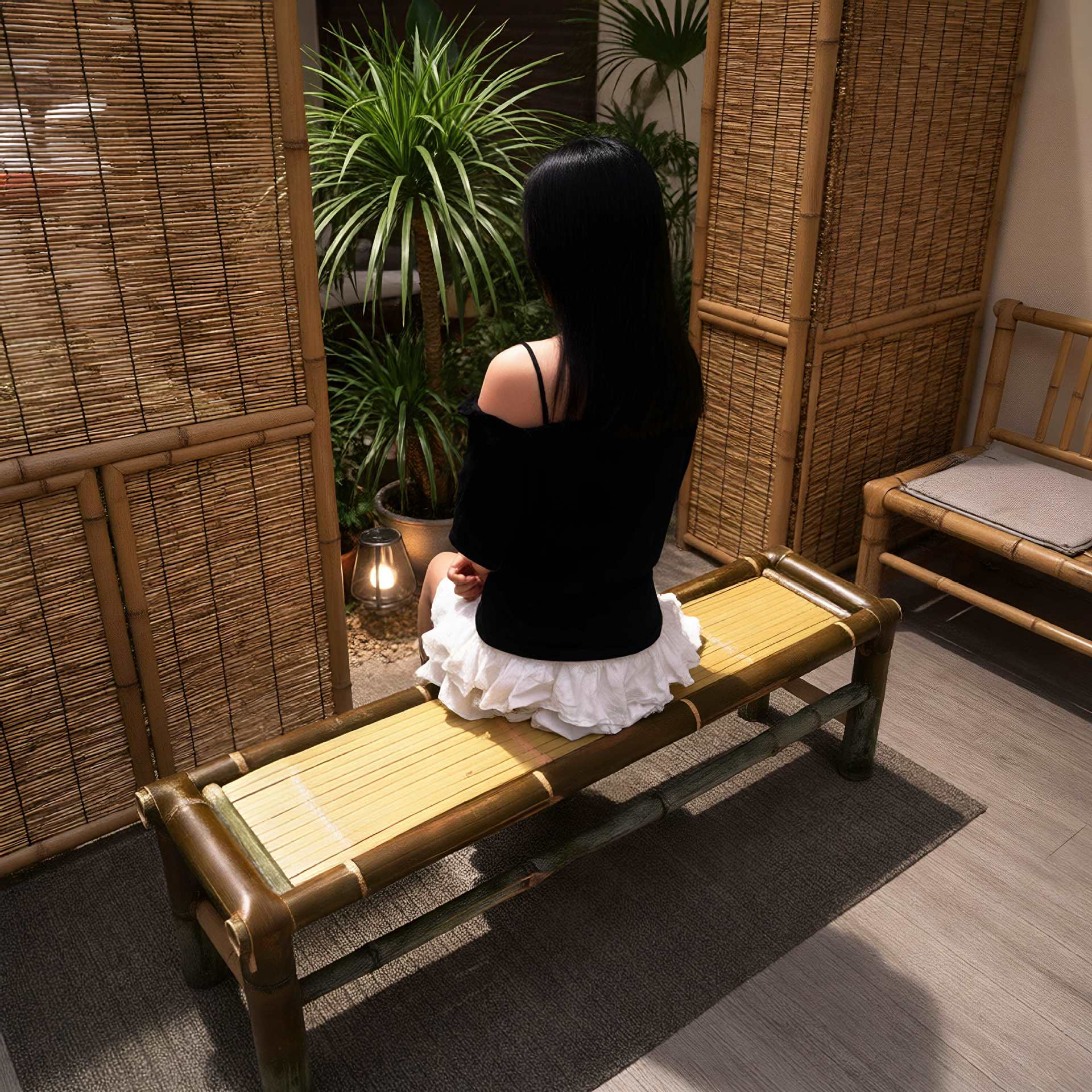 Vintage bamboo bench, outdoor courtyard leisure bench, bamboo woven seat, balcony decorative bench, handmade bamboo product, bamboo chair