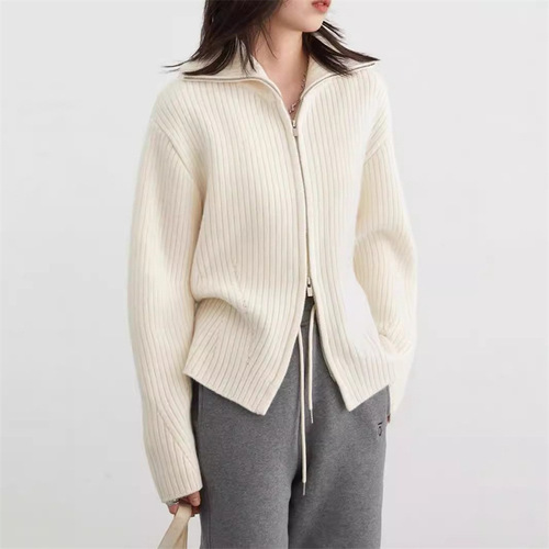 Cross-border lazy-style double zipper women's coat for 2025 autumn and winter, foreign trade loose high-end casual knit sweater