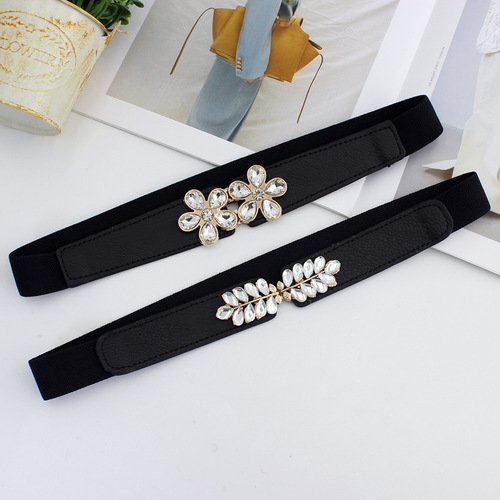 Decorative belt for women with elastic skirt, shirt, flower pattern, diamond buckle, versatile elastic black waistband, 2 options available