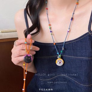 Original Cartoon Cute Round Brand Cat Necklace Women's Colorful Beaded Drawstring Woven Chain Necklace Chain Accessories