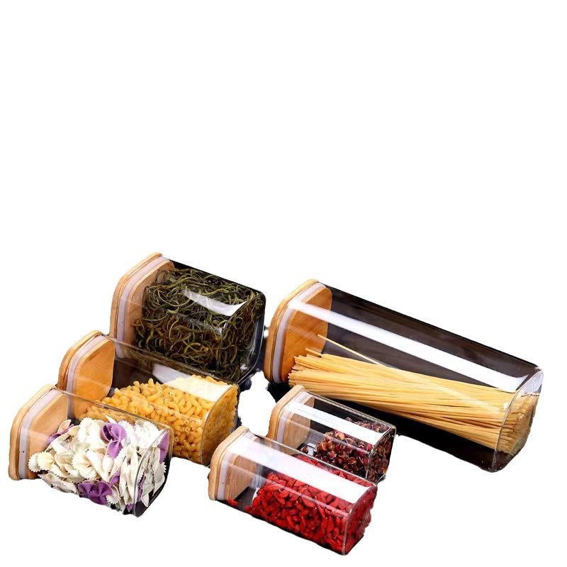 Al por mayor tarro de almacenamiento de vidrio cuadrado tarro de almacenamiento de granos transparentes tarro de té fruta almacenamiento de alimentos frasco sellado Cocina