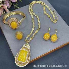 新款二代蜜蜡天然黄水晶四件套首饰原创设计个性项链套装厂家直销