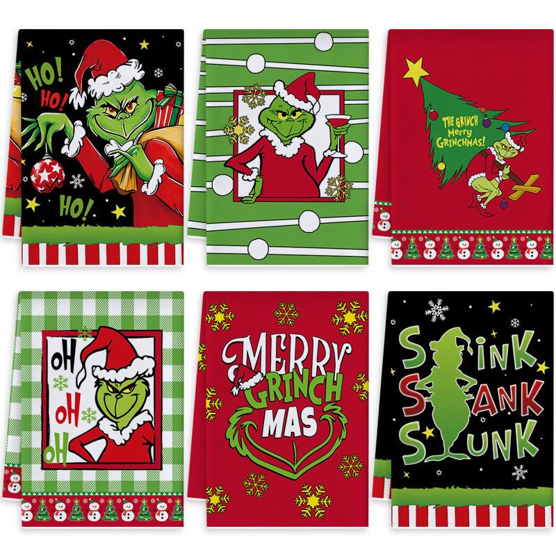 Cross-Border Christmas Grinch Pattern Dish Towel Cartoon Print Table Decoration Holiday Towel Drop Shipping Can Be Labeled