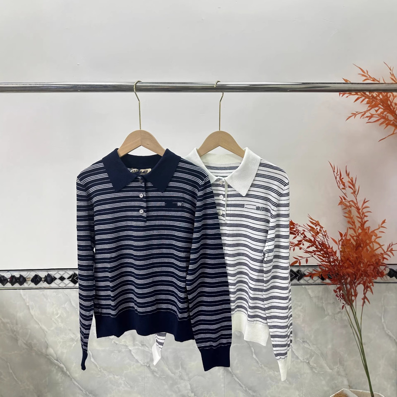 Nanyou Branded mm Classic Polo Collar Knit Sweater, New Autumn Korean Style Exquisite Retro Striped Color-Blocking Top for Women