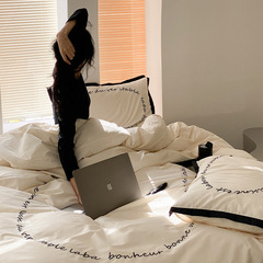 Luxury Princess Style | 4-Piece All-Cotton Black and White Bedding Set Cream Ins Spring and Autumn Bedspread and Cover Set