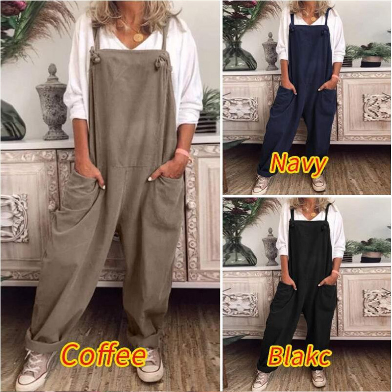 Ebay2023 New Summer Pure Color Casual Retro Flap Pocket Pants Sleeveless Cotton and Linen Jumpsuit with Adjustable Straps