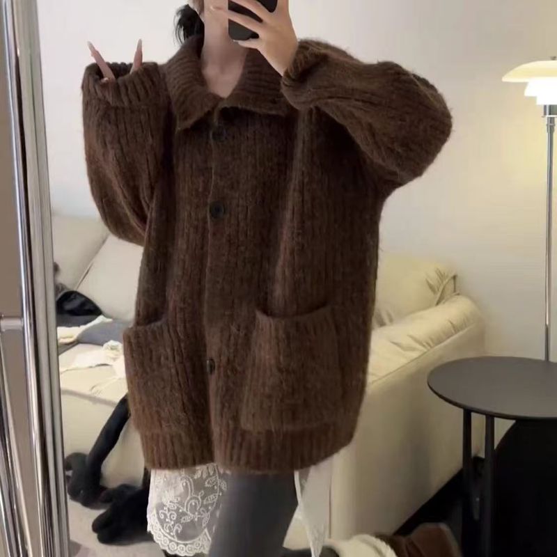 韩系穿搭慵懒风翻领毛衣秋冬女装高级感宽松软糯针织开衫上衣外套|undefined