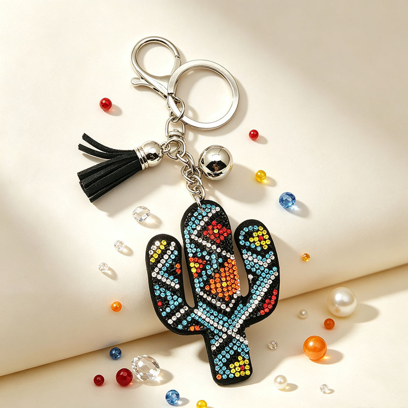 Colorful cactus rhinestone keychain, bohemian-style tassel bag charm, small gift for car keys