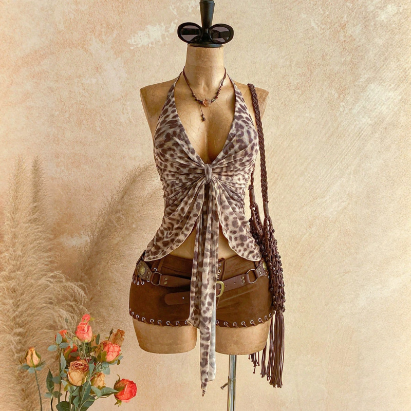 2026 Summer Seaside Vacation Cross-Border European and American New Style Sexy Tight-Fitting Leopard Print Tube Top Halter Neck Ribbon Top