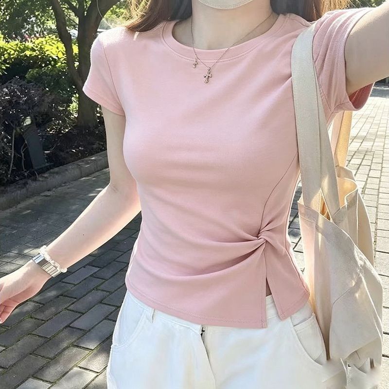 Unique and Chic Side-Twist Short-Sleeve Top for Women, Summer Stylish and Age-Reducing, Slim-Fit, Waist-Cinching, Figure-Flattering, Versatile Blouse Unique and Chic Side-Twist Short-Sleeve Top for Women, Summer Stylish and Age-Reducing, Slim-Fit, Waist-Cinching, Figure-Flattering, Versatile Blouse