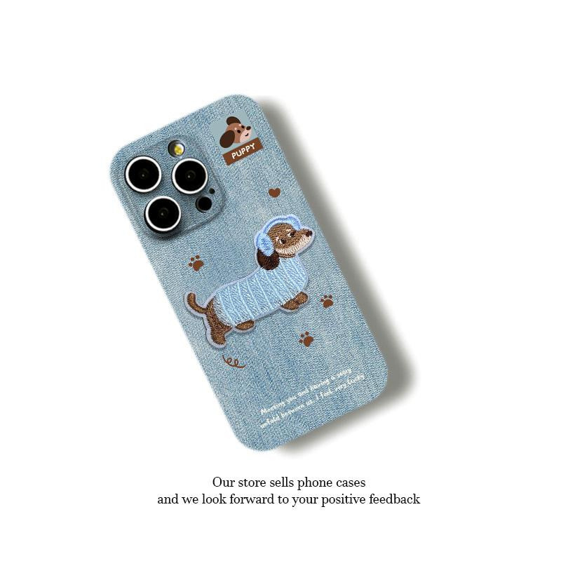 适用iPhone17ProMax牛仔底刺绣小狗苹果16/15磨砂14/13/12手机壳|undefined