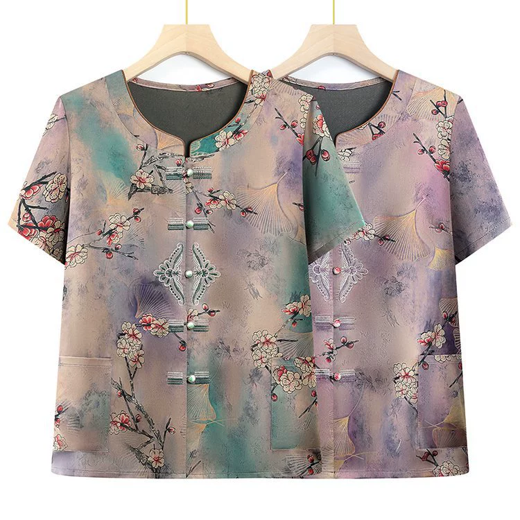 Летние топы с короткими рукавами для мам среднего и пожилого возраста, тонкие рубашки бабушки, летняя одежда для пожилых людей, свободные рубашки.