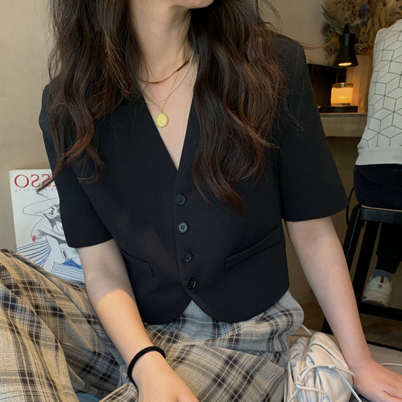 Black Shoulder Suit Jacket Women's Summer Thin 2023 New Short Short Sleeve Top Small Suit Cardigan Autumn