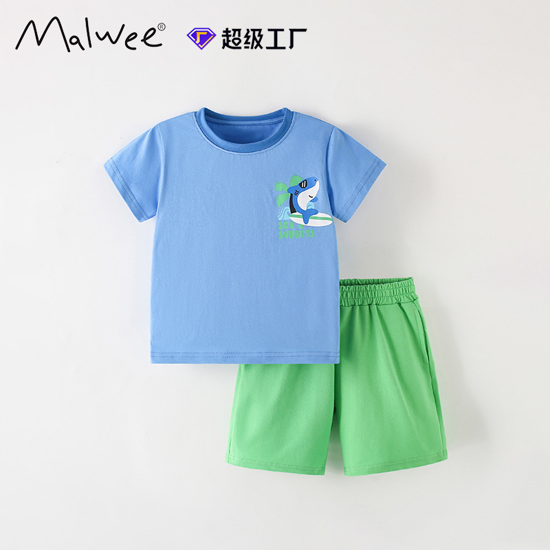 Malwee transfronterizo juego de niños verano nuevo estilo europeo y americano de niños de cuello redondo de manga corta pantalones de moda de dos piezas
