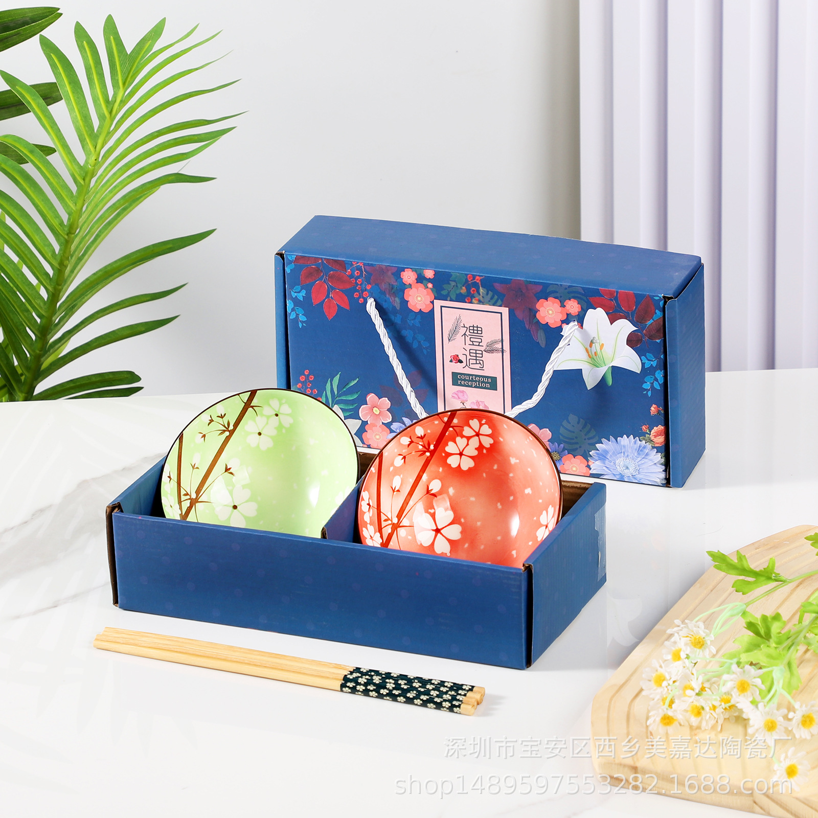 Regalo bohemio tazón de cerámica y palillos traje al por mayor tazón y plato traje hogar tazón de arroz vajilla conjunto tazón caja de regalo traje