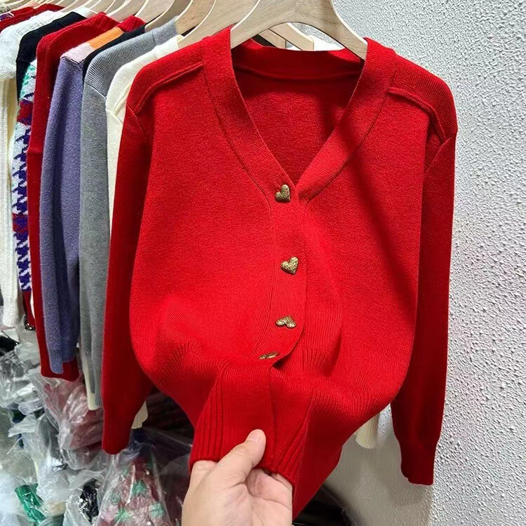 White Cherry Red Knitwear Cardigan Women's Knitted Knitwear Jacket Fashionable Red Prosperous Women's Spring New Top