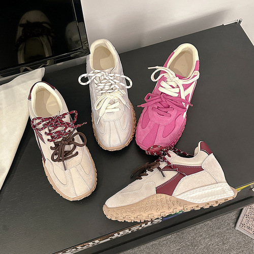 Leather version~8cm low-profile insole retro color-blocked women's training shoes, unisex casual sports dad shoes